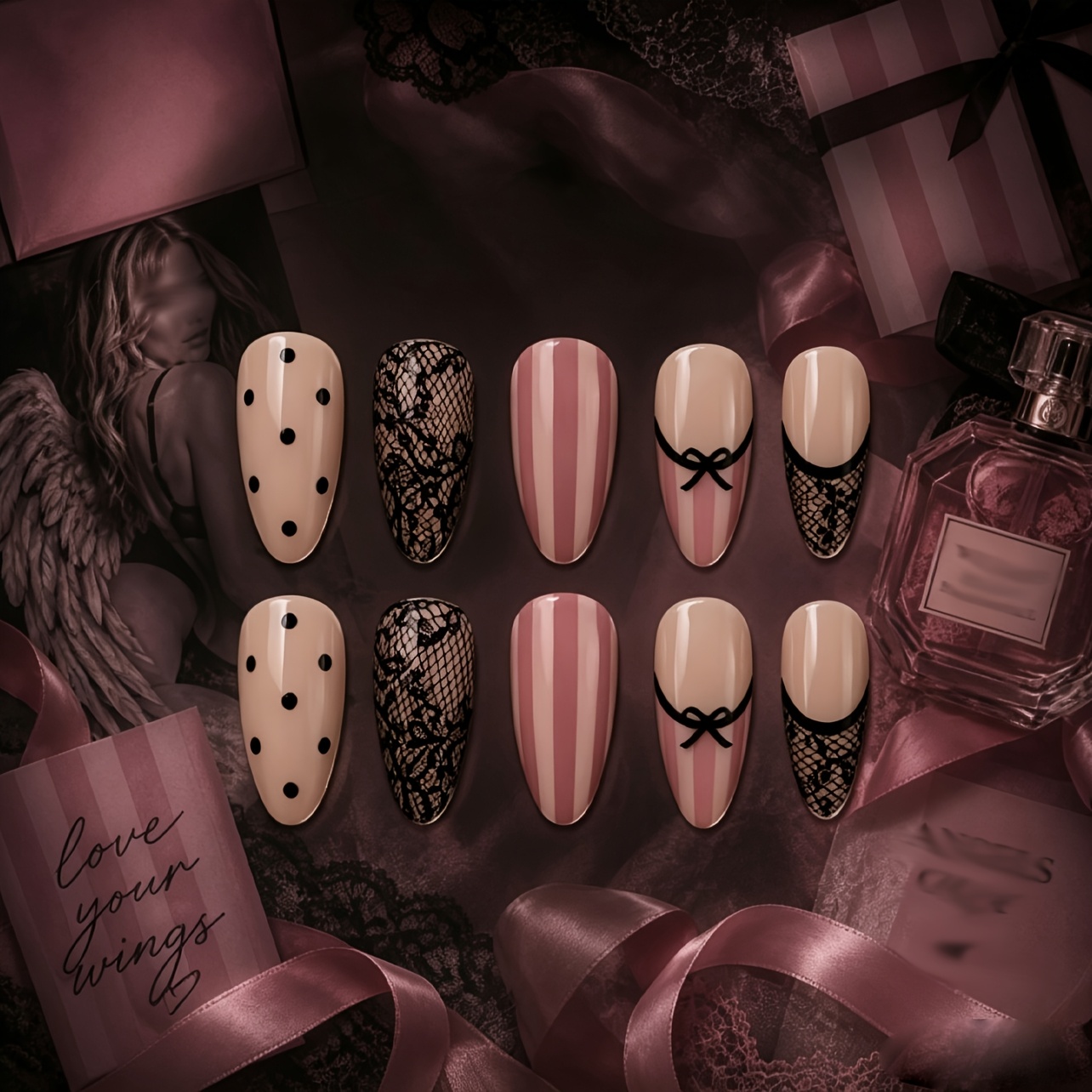 TEMU 30 Stk. Vintage Spicy Spitzen-Press-On-Nägel, mittel-lange mandelförmige Kunstnägel mit rosa-weißen Streifen, Polka Dots Schleife