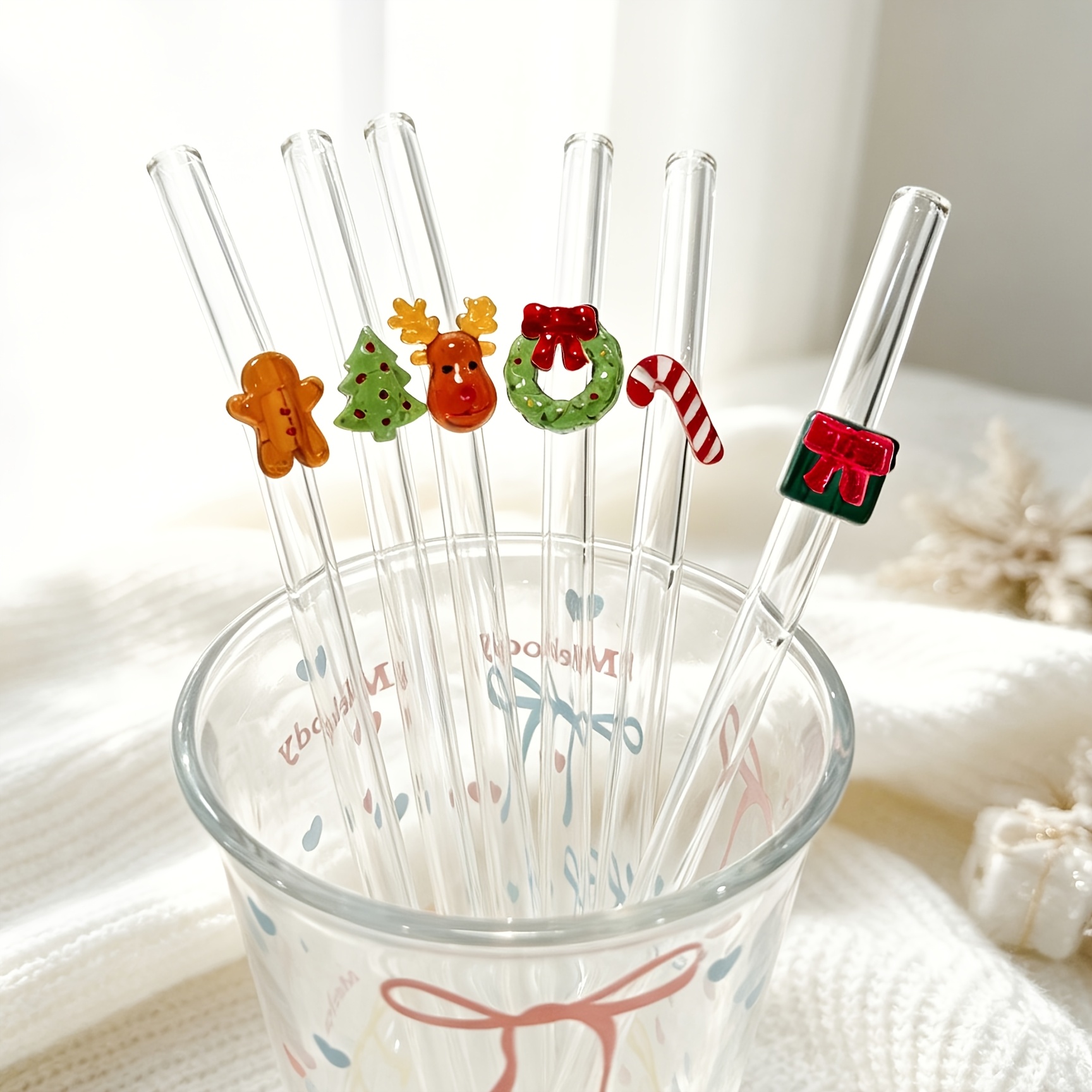 TEMU 4/6pcs Resistant Thick Borosilicate Reusable Glass Straws Set With Assorted Christmas Cartoon Charm, Cartoon Straight Clear Party Glass Drinking