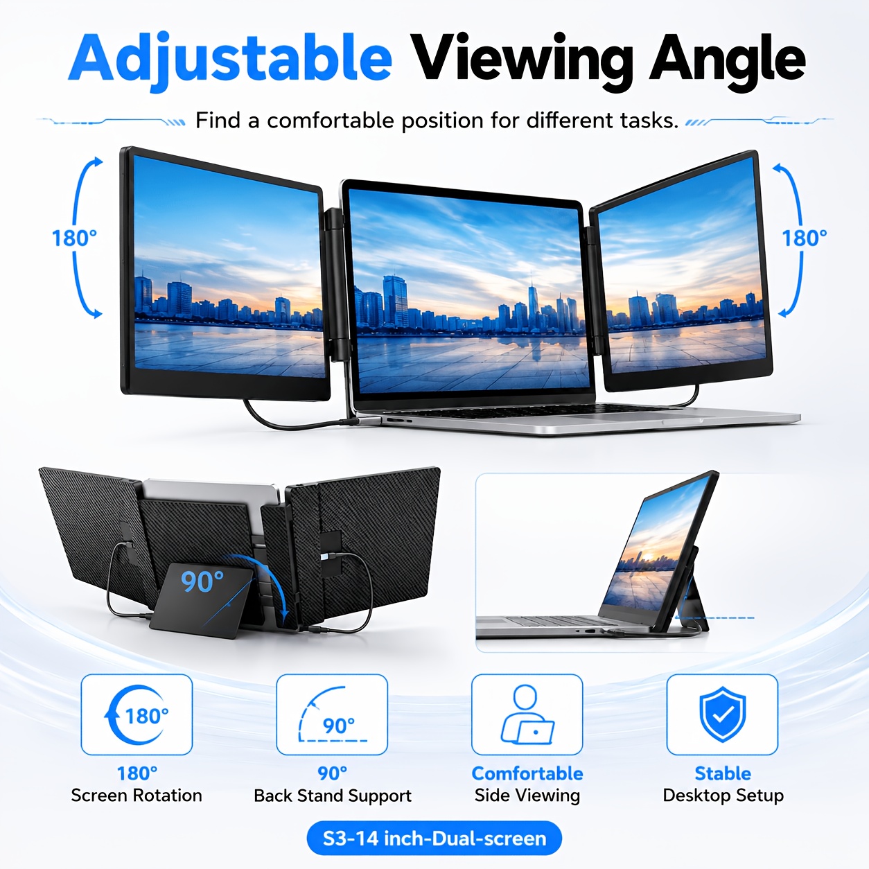 Laptop Screen Extender 14 / 15.6 Inch Dual Screen Portable Monitor, 1080P FHD IPS Screen, 178° Wide Viewing Angle, High Color Gamut, Plug And Play Three-Screen Expansion, Widely Compatible, USB-C/HDTV Video Output, Foldable External Monitor