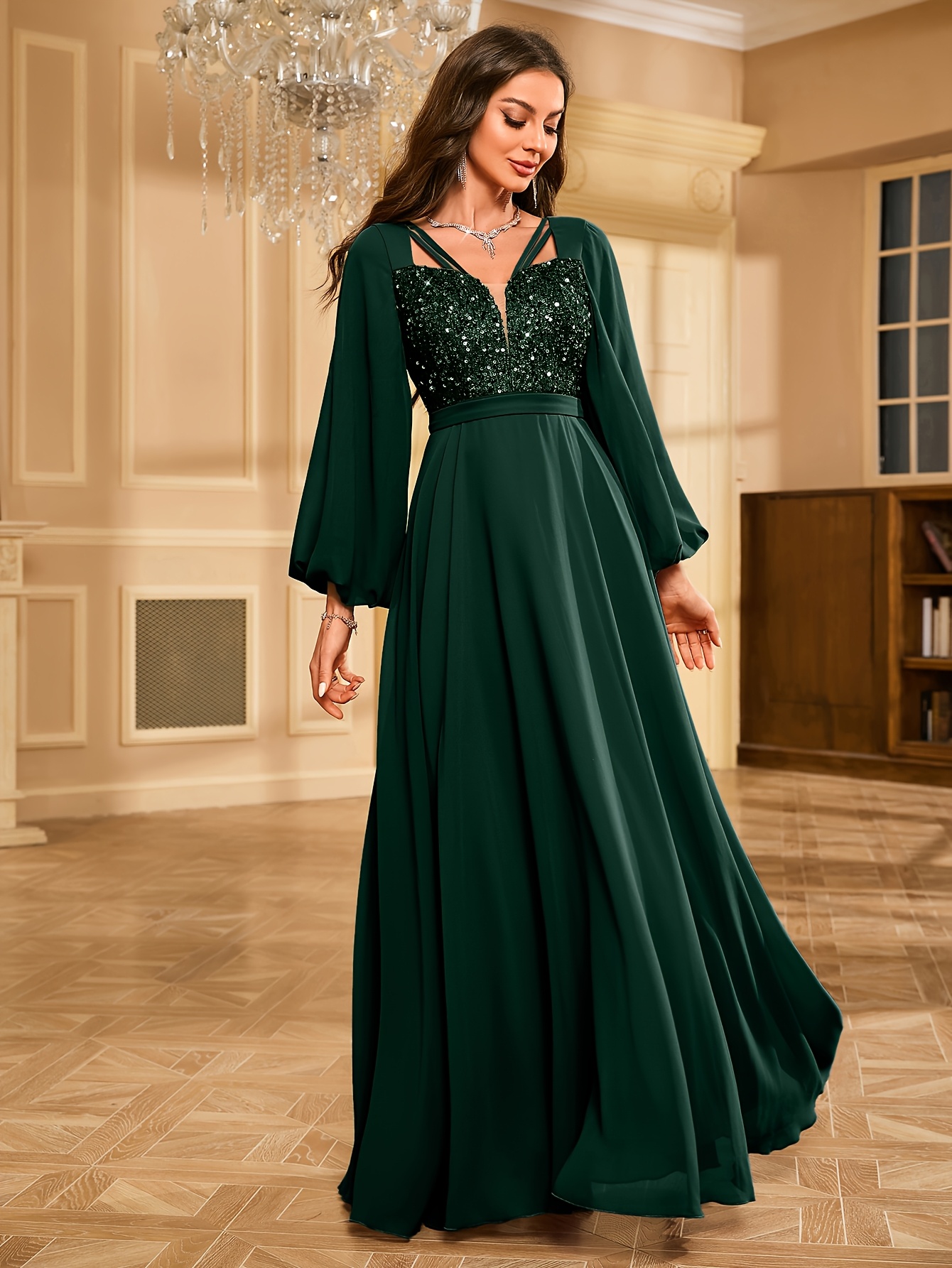womens elegant v neck sequin trimmed lantern sleeve evening - Temu United  Arab Emirates