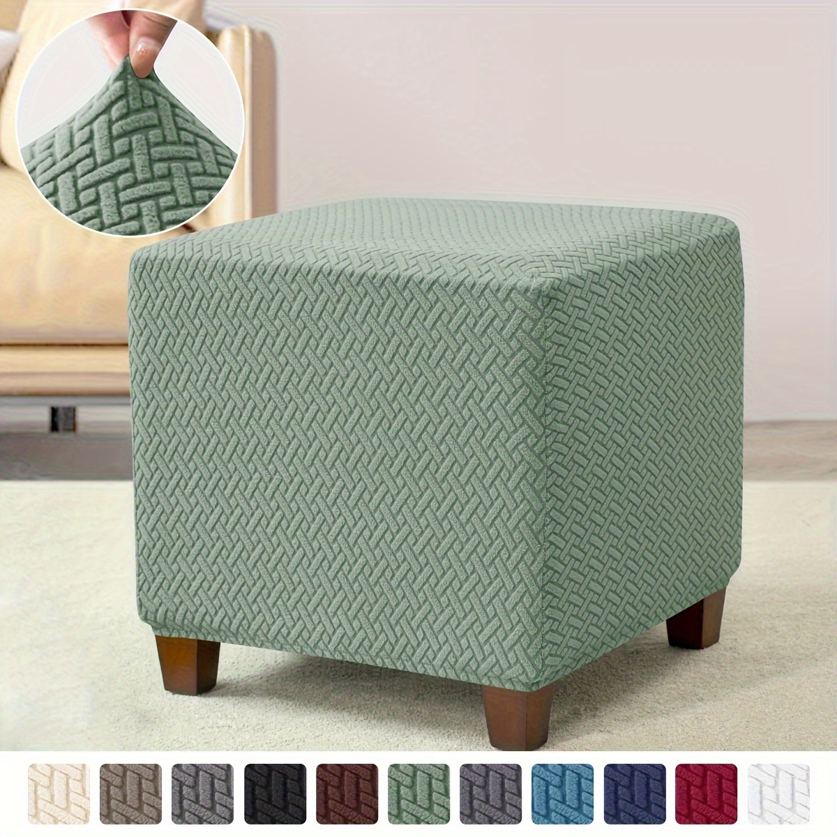 

Modern Stretch Jacquard Ottoman Footstool Cover, Machine Washable, Non-slip Elastic Band Slipcover, Polyester And Spandex Blend, Fits Most Square Ottomans - 1 Piece