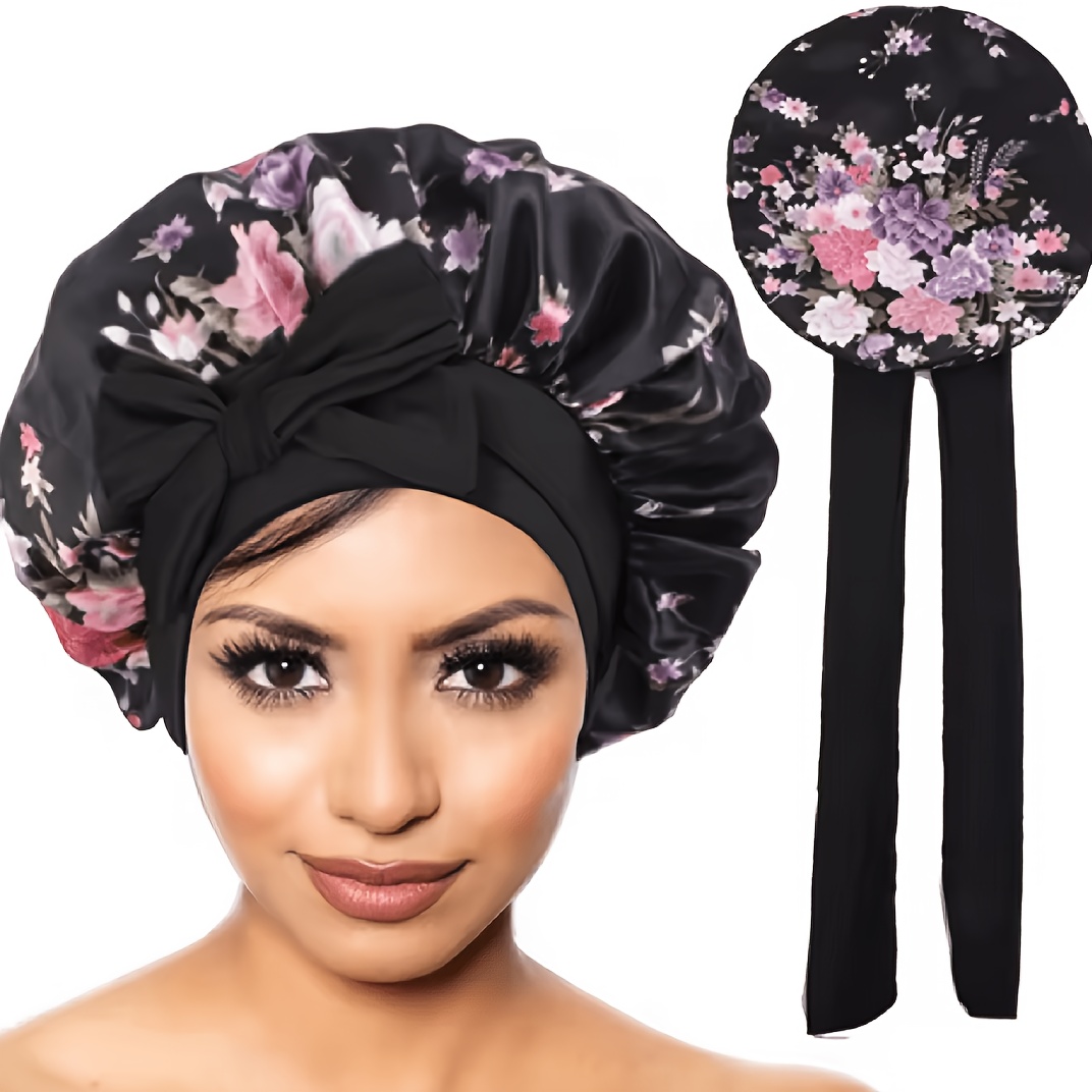 TEMU Un bonnet de nuit floral avec des attaches réglables, conçu aux cheveux bouclés
