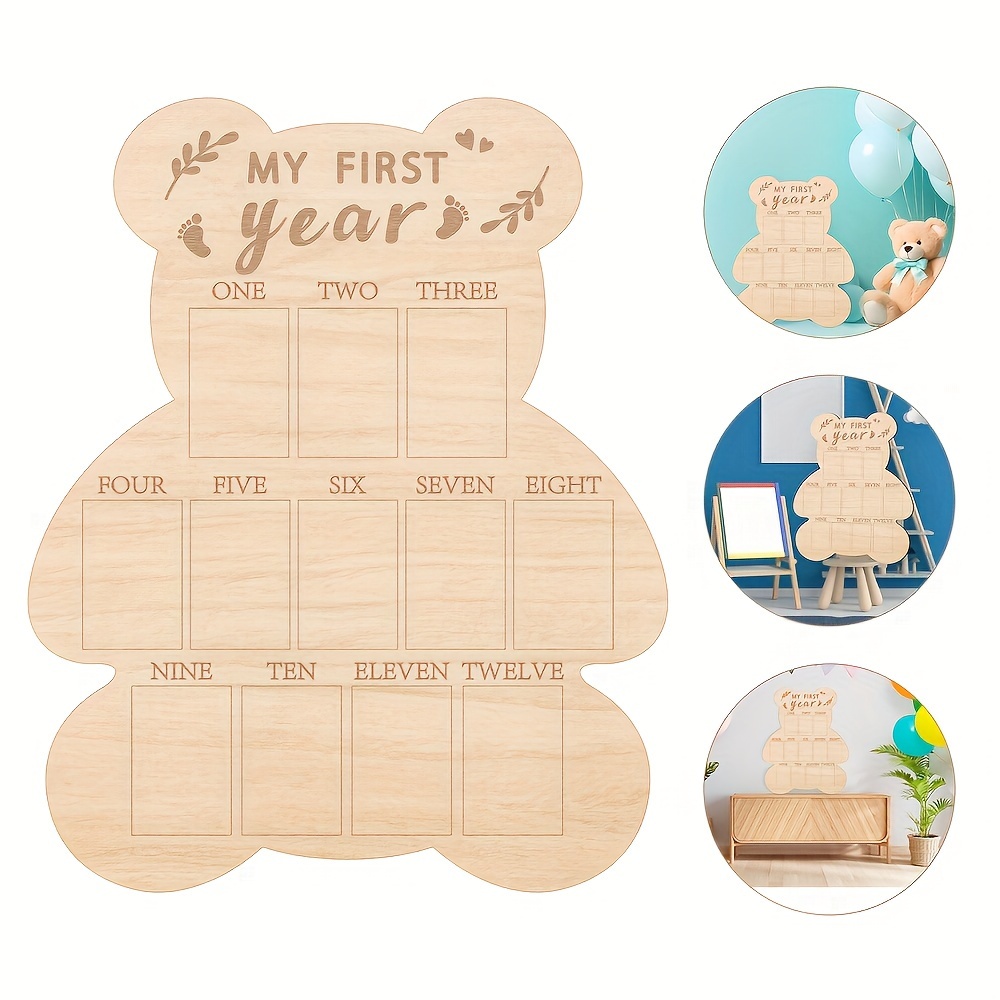   teddy bear wooden first year milestone photo frame polished       room decor monthly calendar ideal first birthday gift details 0