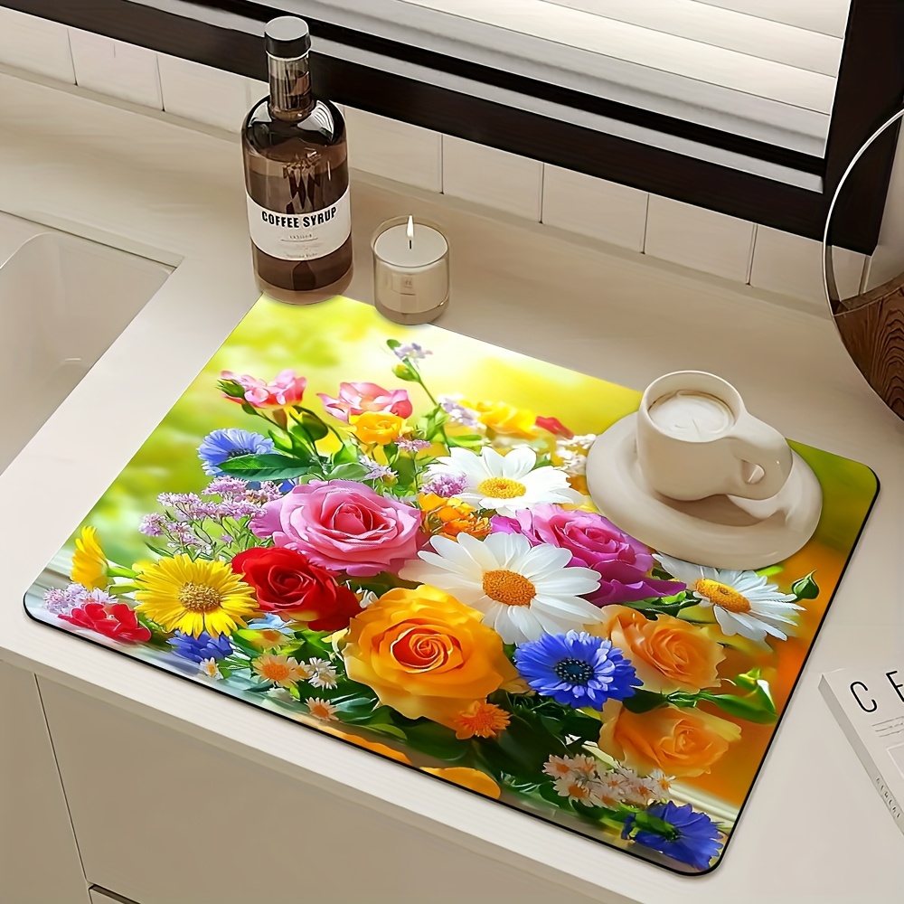 TEMU 1pc, Vibrant Floral Pattern Printed Absorbent Placemat, Aesthetic And Practical Tableware Drying Mat, Non-slip Rubber Base, Ideal For Dining