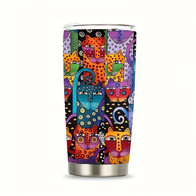 TEMU 1pc 20oz Cat Lover Gift Tumbler, Vibrant Boho Abstract Rainbow Cat Art Insulated Mug, Unique Birthday Present For Cat Mom Women Pet Lovers,