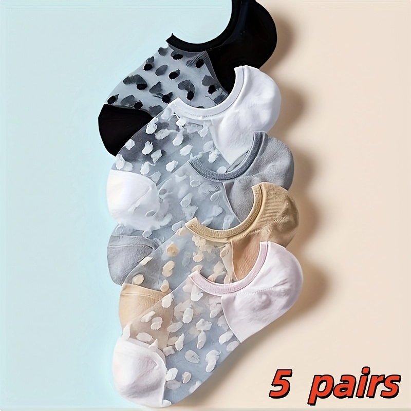 Image of 5-pairs Women's No Show Socks With Non-slip Grip - Breathable Polka Dot Liner Socks, For Summer, Invisible Under Shoes
