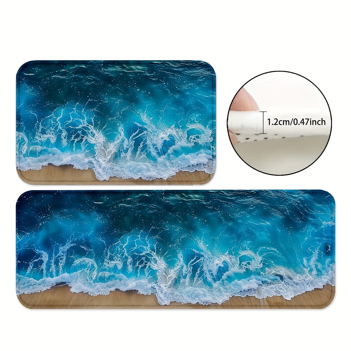 

Ocean Wave Kitchen Rugs - Polyester Design With Non-slip Backing, Machine Washable, Water Absorbent Mats For Bathroom, Playroom, Dining Area - 1.2cm Thick