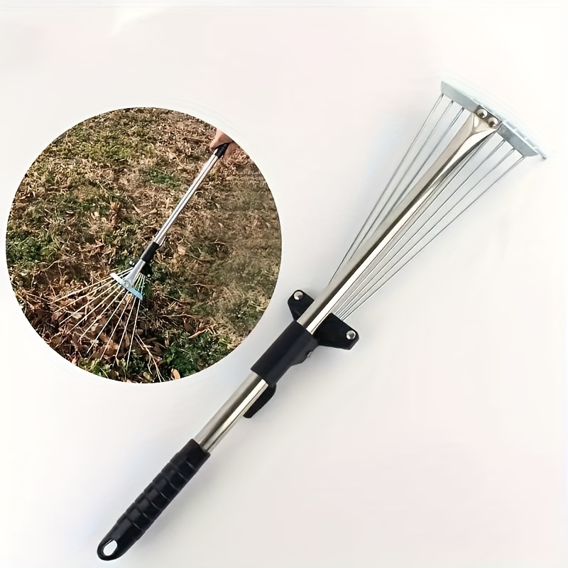 Image of Heavy Duty Garden Leaf Rake - Equipped With 28-inch Adjustable Steel Handle And 9 - Ideal For Cleaning Lawns, Shrubs, Flower Beds And Yards - Easily Collect Leaves And Smooth Lawns
