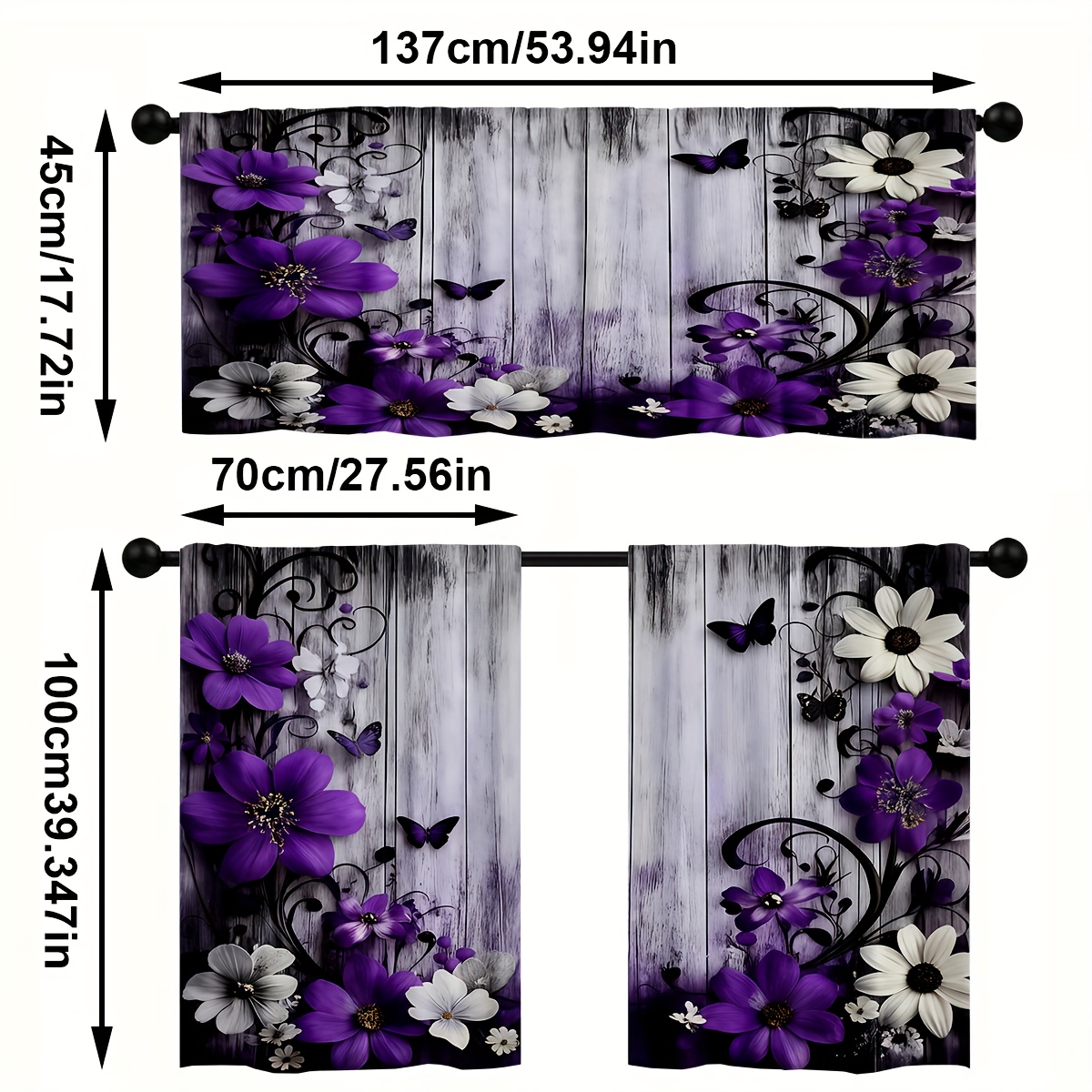 TEMU Rideau de cuisine plat 2D - 2D Plat - Ensemble de 3 rideaux de cuisine à impression 2D, rideaux à motif floral violet rétro 2D, rideau à poche