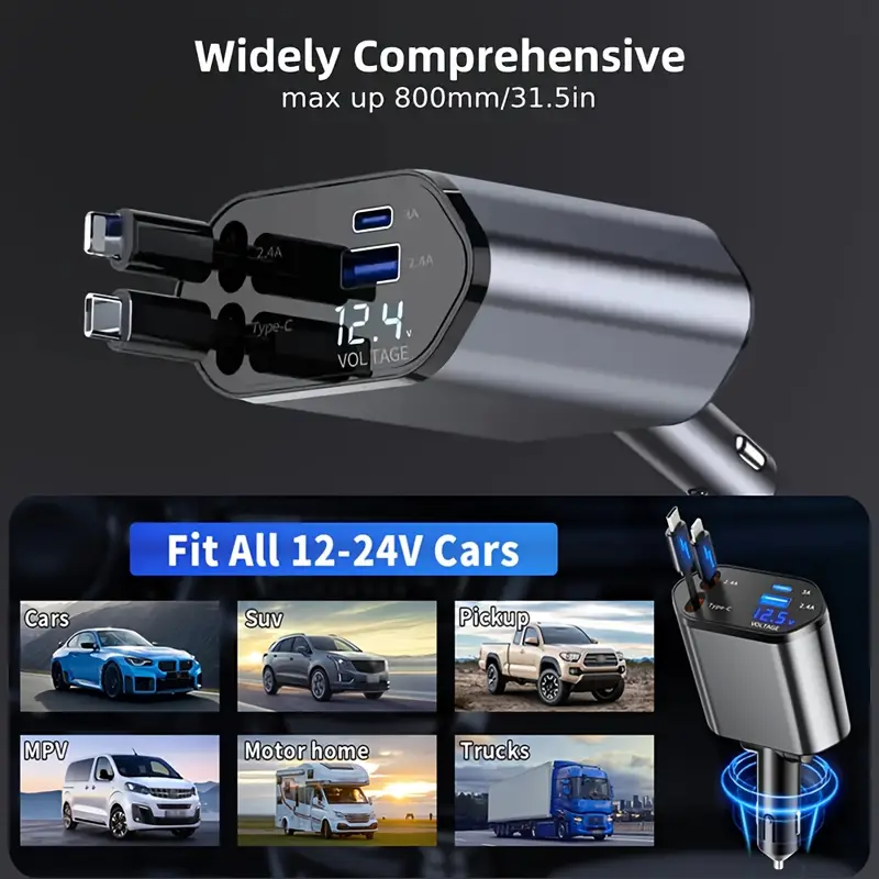 Retractable Car Charger – Fast USB-C/iPhone Compact Adapter