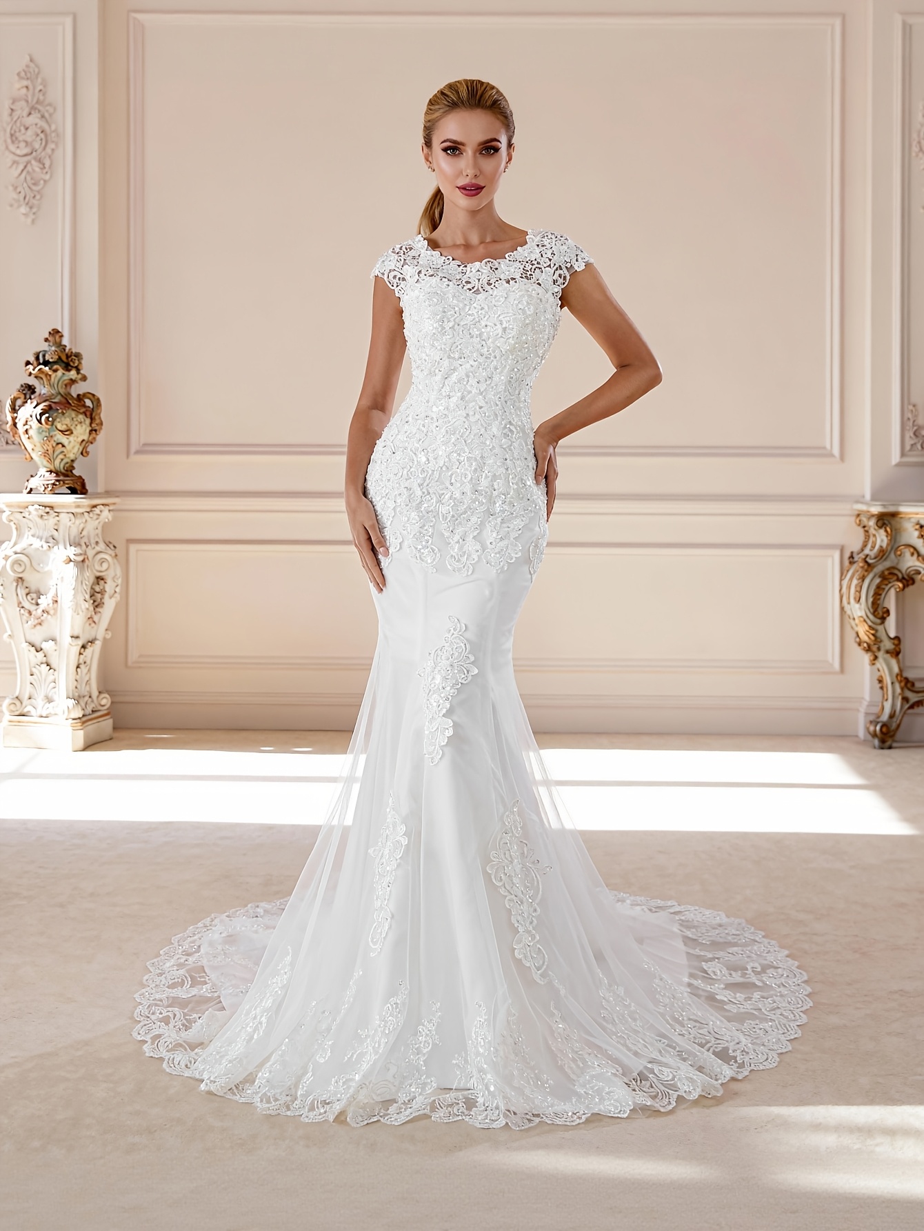 elegant applique hand beaded mermaid style wedding dress - Temu