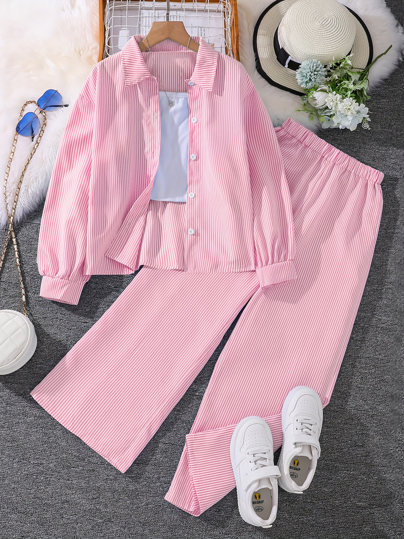 conjuntos ropa niñas rayas botones blusa pantalones cintura Temu