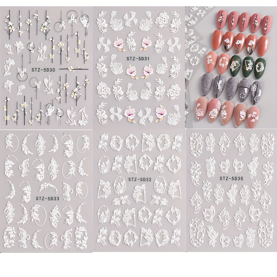 Image of 5pcs White Flowers Lace Nail Stickers 5d Decals Embossed Rose Diasy Floral Nail Slider Decoration Manicure