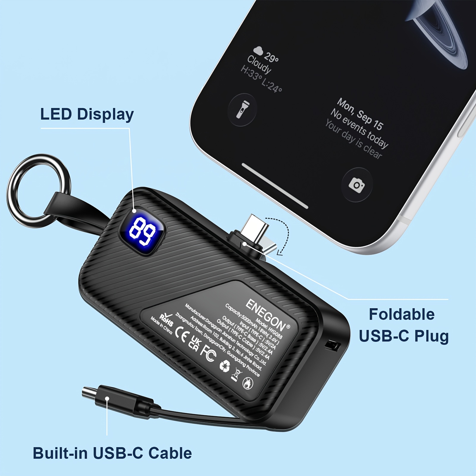 5000mah Bank, Foldable Type-c Plug, Built In Usb-c Cable, Led Digital Display, For Iphone 17/16/15 Pro Max, Devices, Ipads, To Carry Cable, On Airplane, Reliable Emergency Backup Battery 1pc
