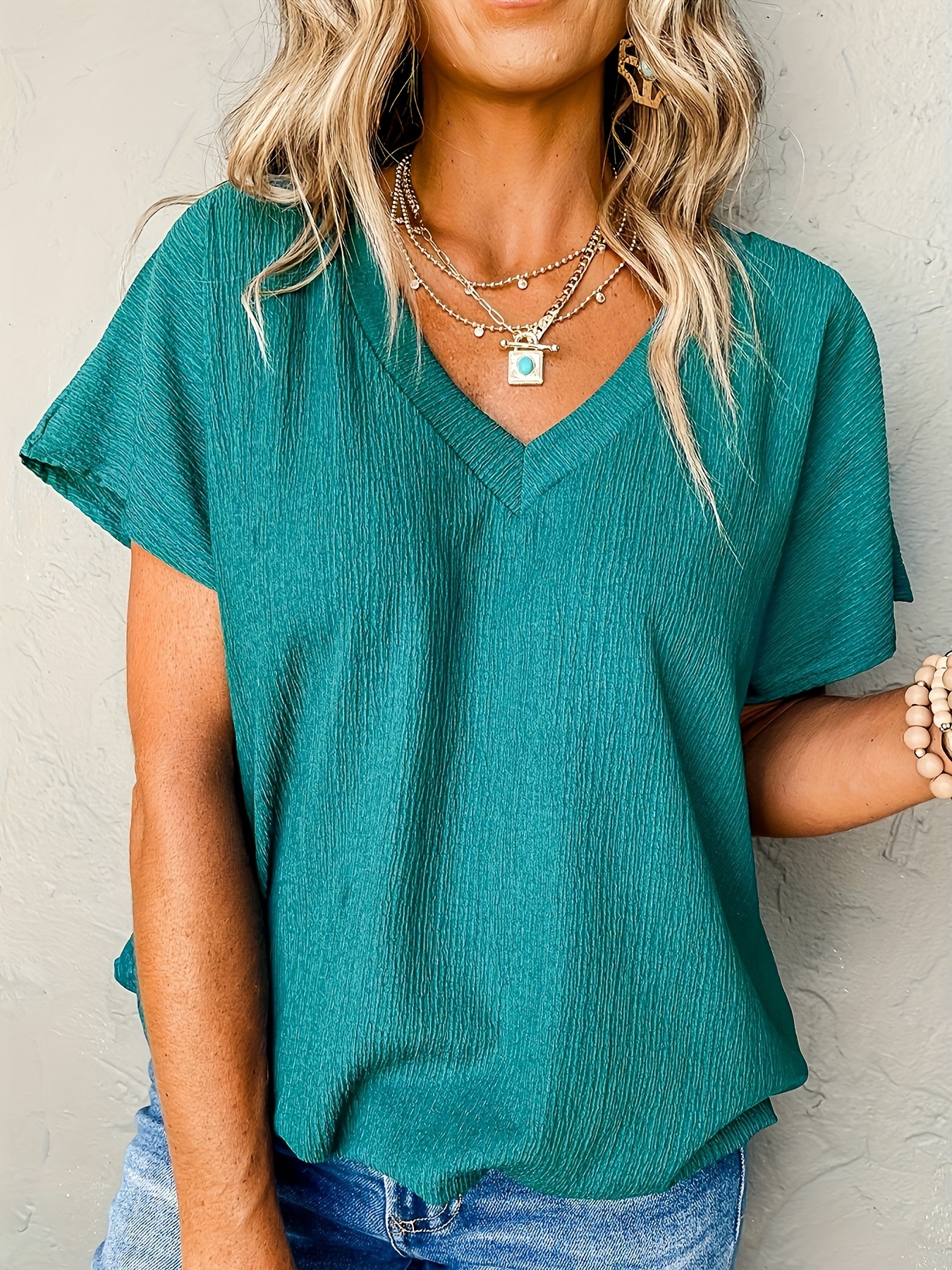 Green Tops for Women summer tops for women Fashion Women's Summer V-Neck  Solid Short Sleeve Sexy Top Blouse Work Blouse ,Mint Green,S