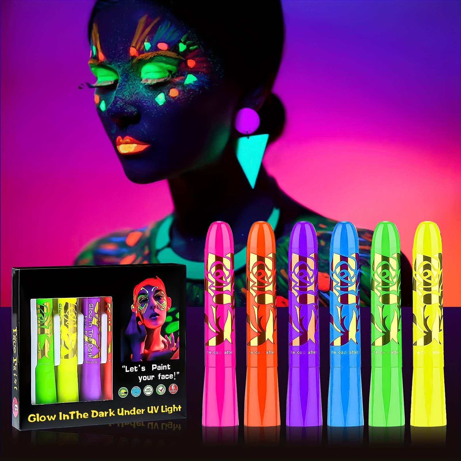 

6 Pcs Glow In The Dark Face Body Paint, Uv Black Light Glow Makeup Kit For Adult, Non-toxic Fluorescent Face Paints Crayons For Birthday Party Halloween Masquerade Mardi Gras Makeup