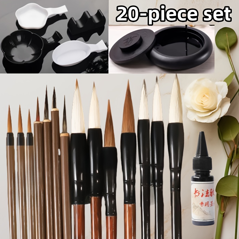 Image of 20pcs Chinese Calligraphy Kit - Includes 7 Detail Line Brushes, 7 Calligraphy Brushes, Ink Stone, 20ml Black Ink & 4 Brush Holders, Professional Set For , Painting & Writing