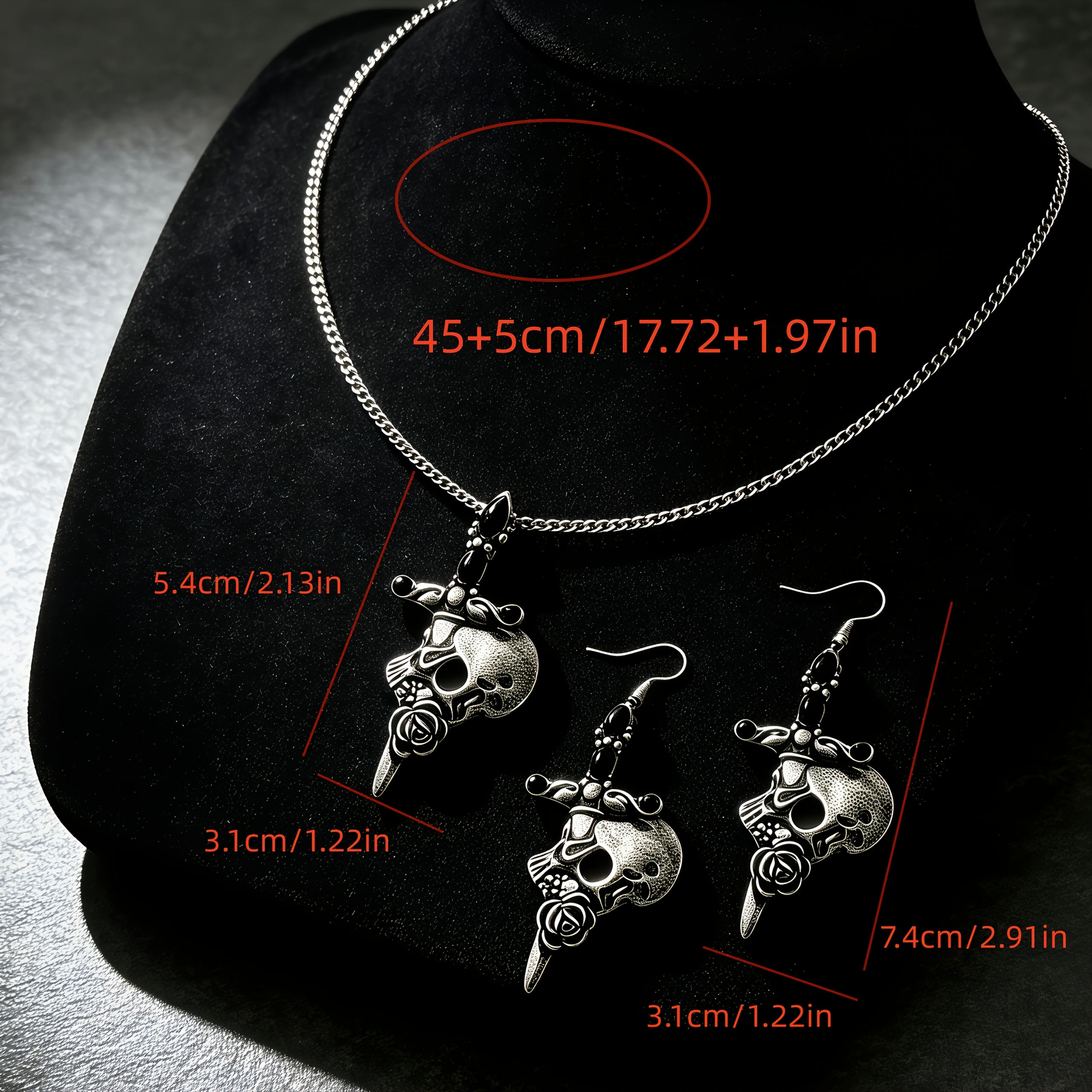 2pc Vintage Skull Rose Necklace and Earrings Set