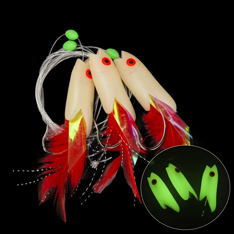 Pre-tied Sabiki Rig, 3pcs Fish Shape Feather String Hooks With Flash Tinsel Film, Pre-assembled Saltwater Fishing Lure Rigs For Mackerel, Sea , Cod, Offshore Boat Fishing Terminal Tackle Accessories