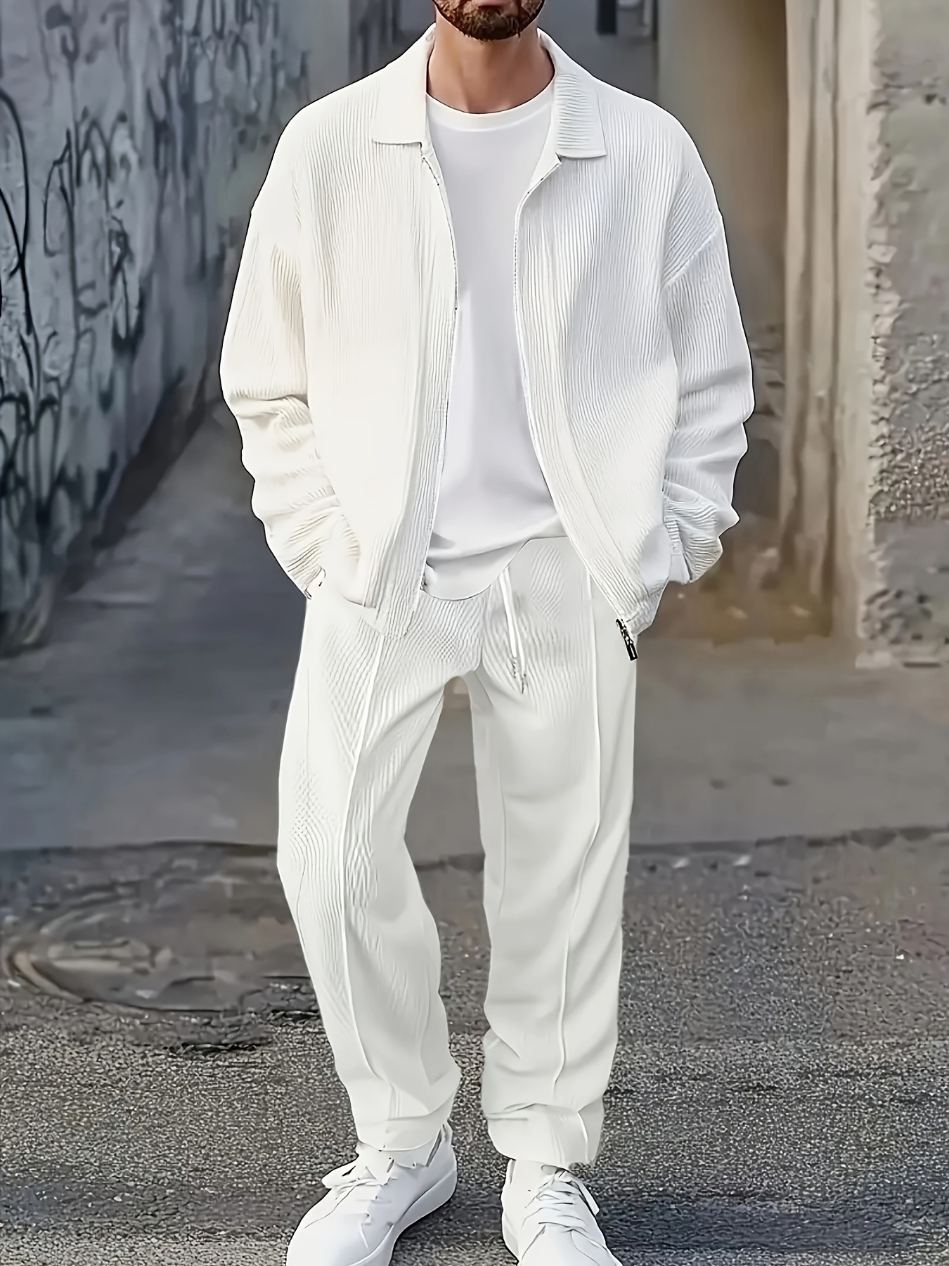 stylish mens waffle zipper casual suit mens solid color Temu