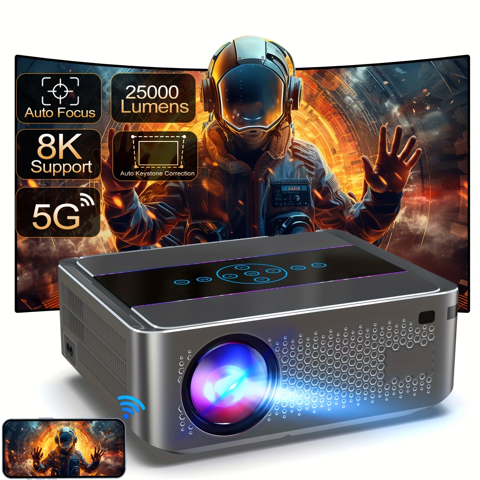 TEMU 8k Projector With 5g Wifi And , 25, 000 Outdoor Movie Projector, Notebook/dvd Compatible Portable
