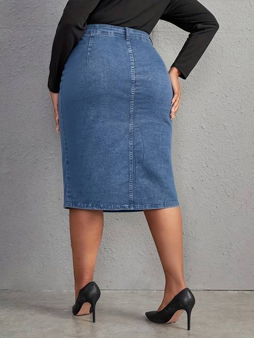 plus size washed blue denim pencil skirt high waist with seam detail casual for spring summer