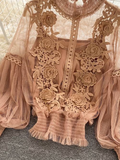 elegant womens polyester blend top with contrast lace detail crew neck solid color knit fabric regular length spring summer fashion
