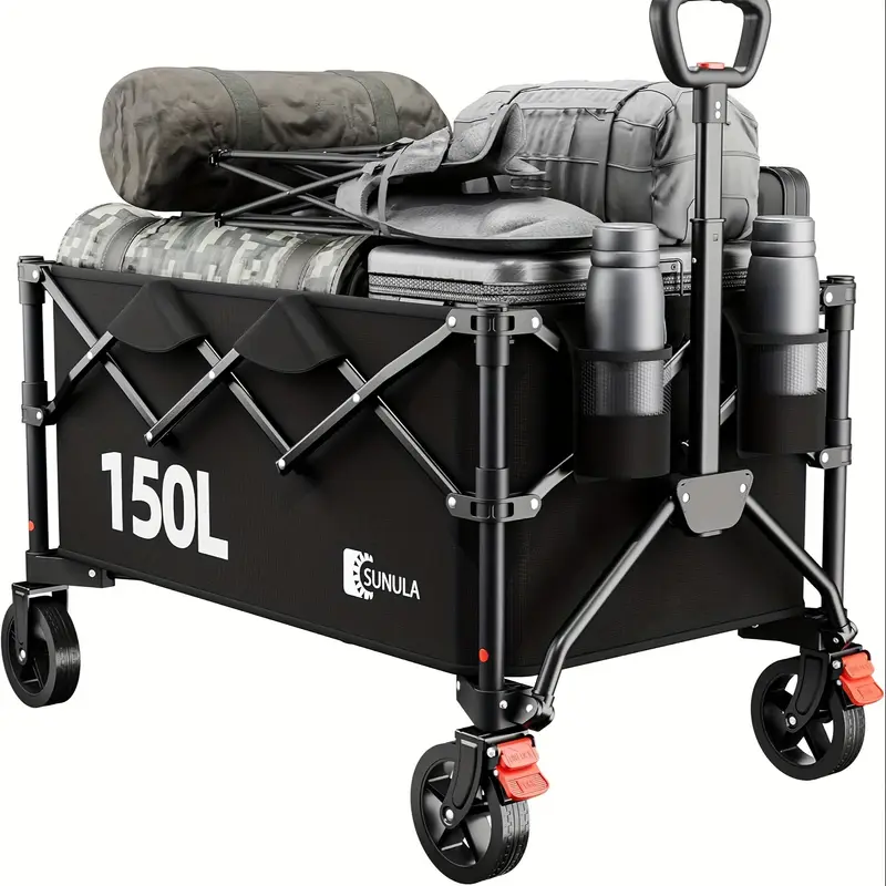 collapsible wagon cart supports up to 330 lbs with a 300l capacity oversized all terrain wheels for sand grass gravel shopping camping gardening beach trips and outdoor activities folds compactly for details 1