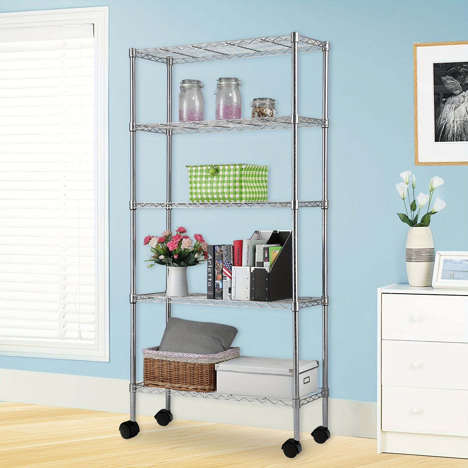 

Five-tier Shelf With 1.5-inch Nylon Wheels, Chrome-plated Iron, Adjustable Shelf Spacing, Silvery, Household Golden Metal Shelf, 90*35*165cm