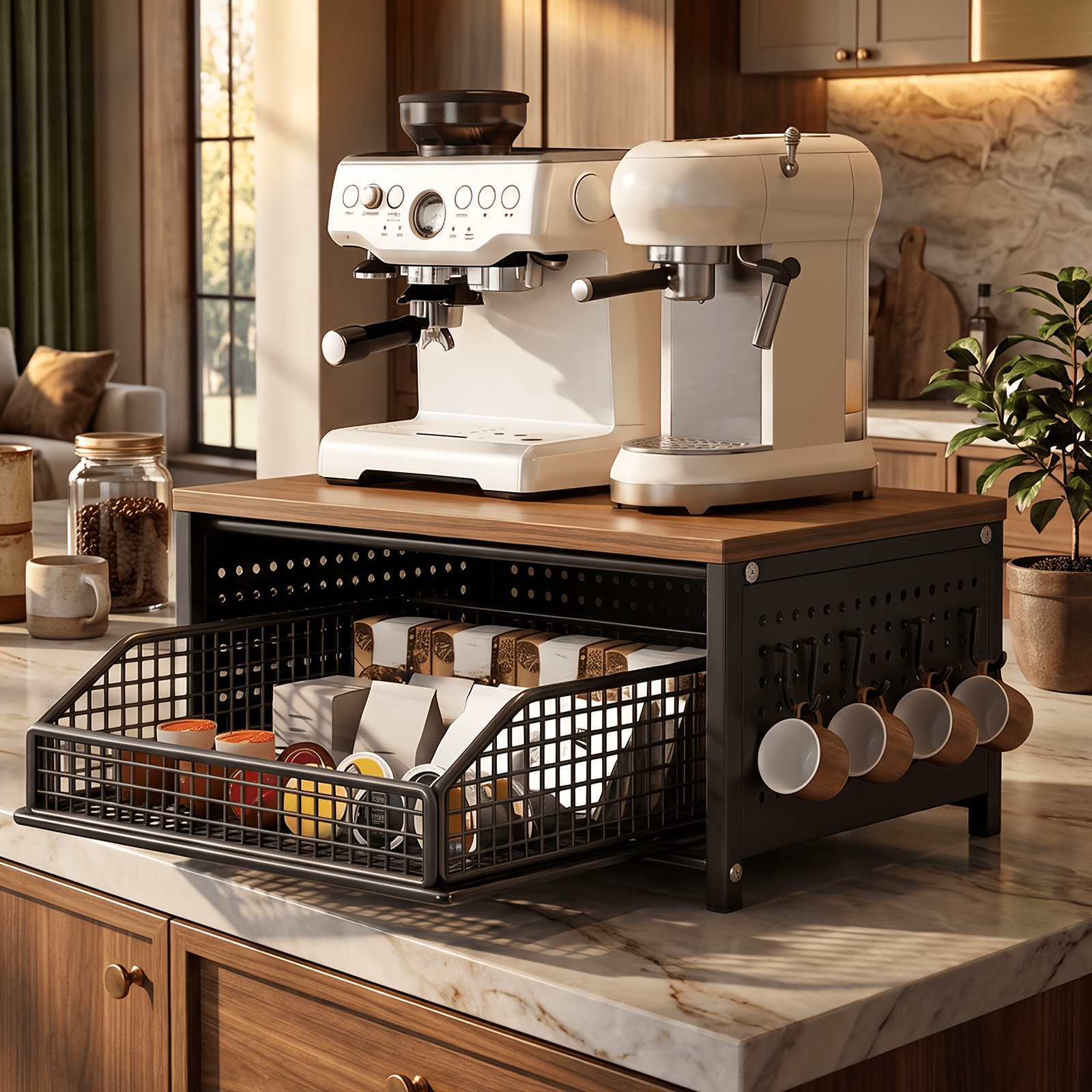 TEMU Double Layer Pull-out Coffee Capsule Storage Rack With Drawers, Slide-out Metal Microwave Rack, Kitchen Coffee Machine And Small Appliance