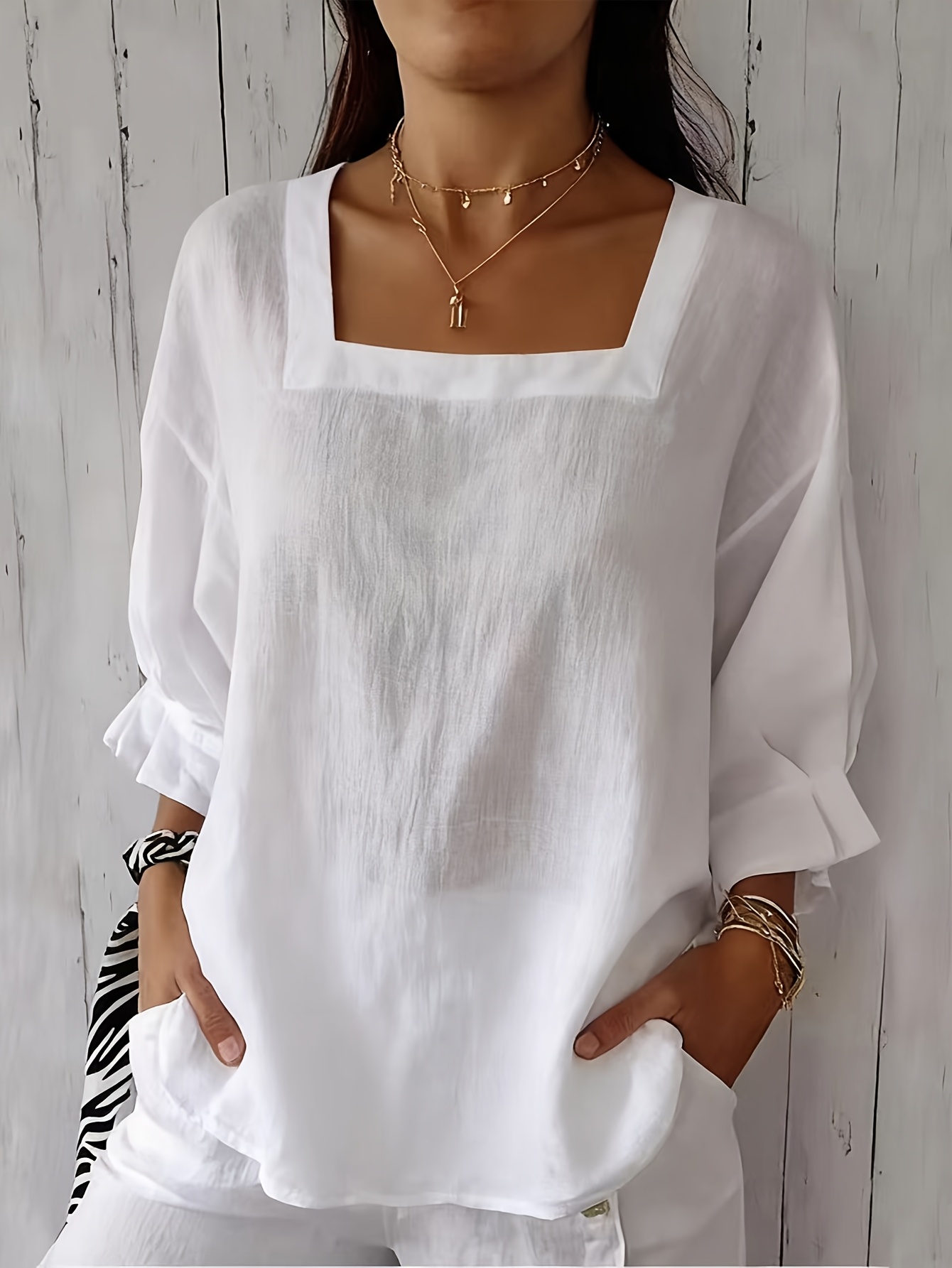 item picture loose solid   neck half sleeve pullover