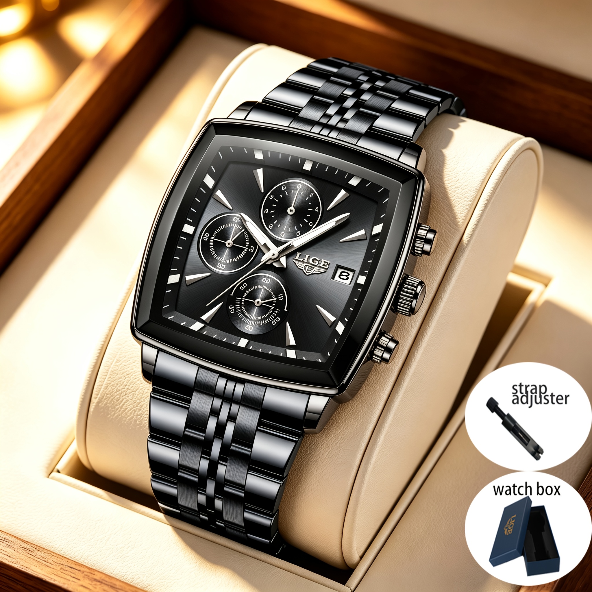 Lige Square Men's Watches, 3pcs Set (quartz Watch And Strap Adjuster And Watch Box), Watches, Calendar Displays, Blue/golden/black/silvery Steel Strap Watches, Style, Birthday Gift, Holiday Gift
