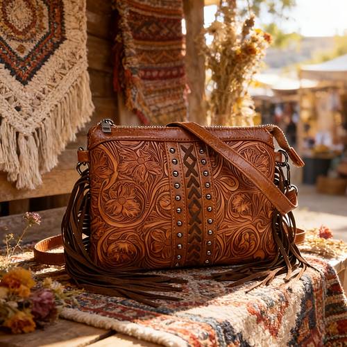 womens pu crossbody bag boho western carved print adjustable strap and multi pocket versatile vacation bag perfect gift for women brown khaki black