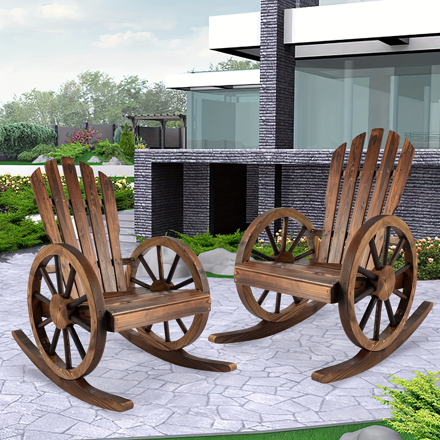 Outdoor Wood Rocking Chair Set Of 2 - Patio Wagon Wheel Rocking Chair 2pcs, Rustic Rocker Single Chairs for Country, Yard, Porch
