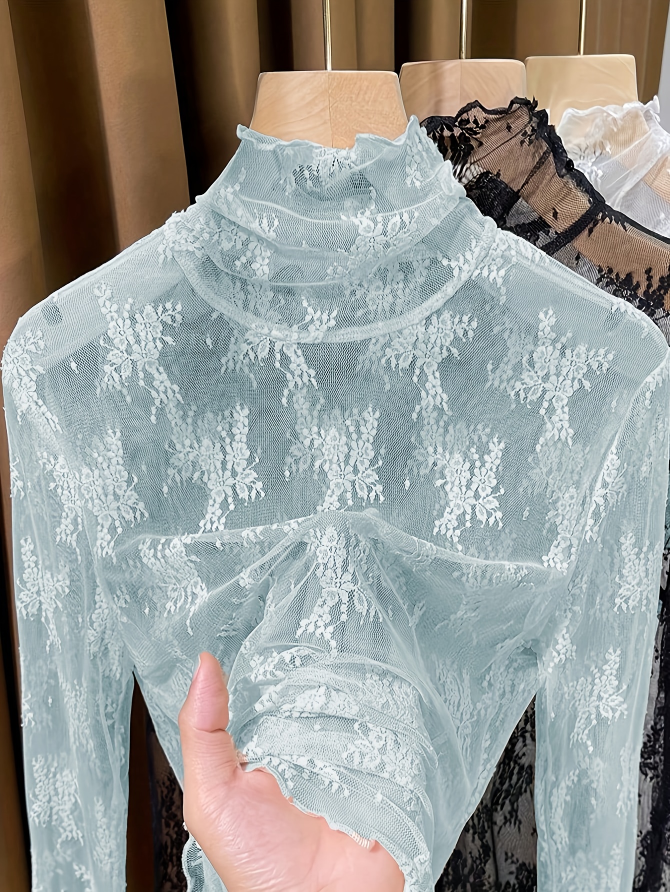women's lightweight floral lace turtleneck blouse long Temu