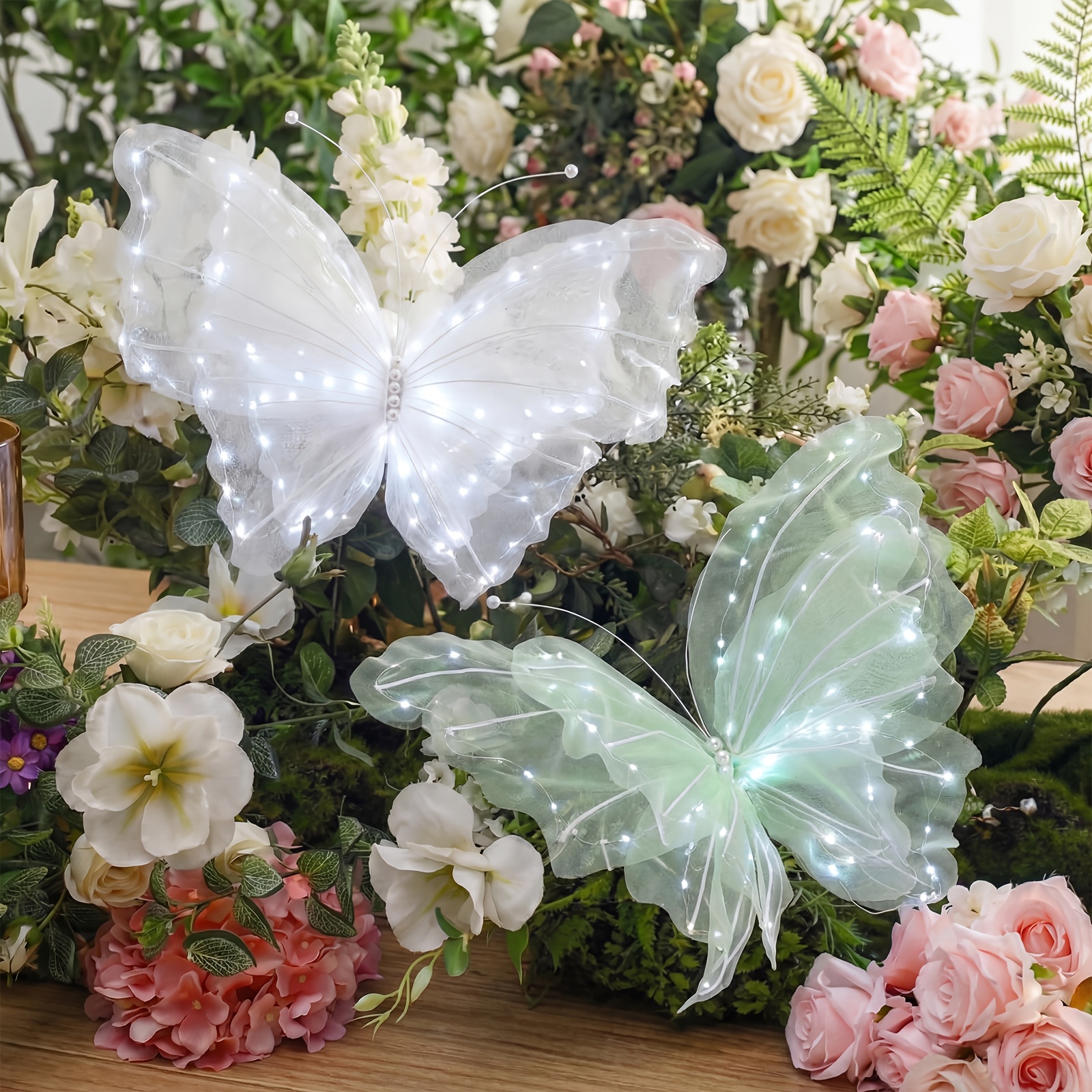2 Pack Lighted Iridescent Organza Butterfly Hanging Ornaments With LED Lights, Large Double Layer Mesh Butterflies, Butterfly & Battery Box Separate Accessories, Wedding Bedroom Party Ambient Decor