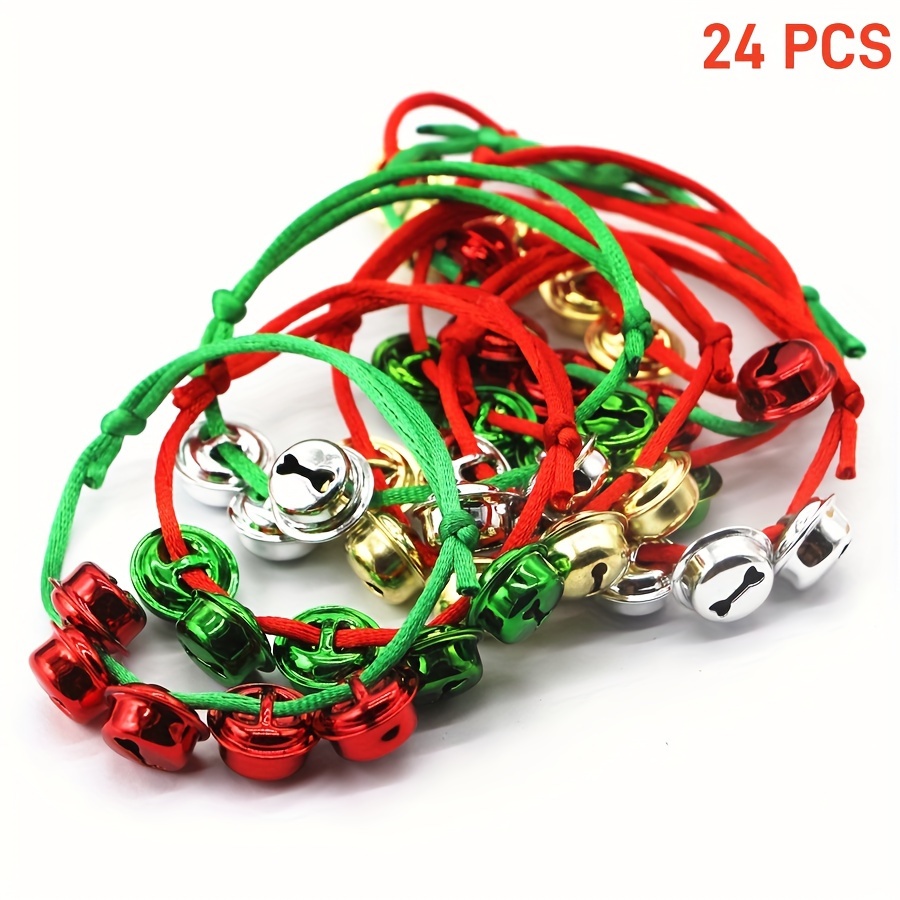 Image of 6/12/24pcs Christmas Bell Decorative Bracelets, Golden Silvery Red With Red And Green Adjustable Cords, Holiday Ornaments Christmas, Halloween
