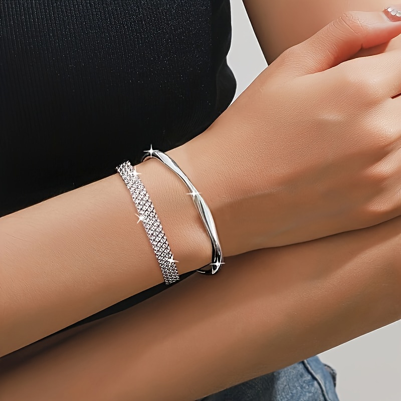 

2pcs 925 Sterling Silver Cuff Bracelets Set, Elegant & , 925 Silver Plated, For & Gifting, Perfect Christmas Jewelry Gift For All