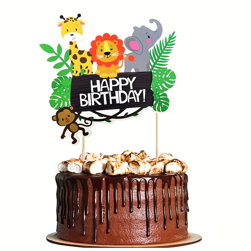 1pc Jungle Animals Happy Birthday Cake Toppers Wild Forest Theme Lion Elephant Monkey Cake Picks Baby Shower Birthday Party Decorations Supply, Halloween, Christmas