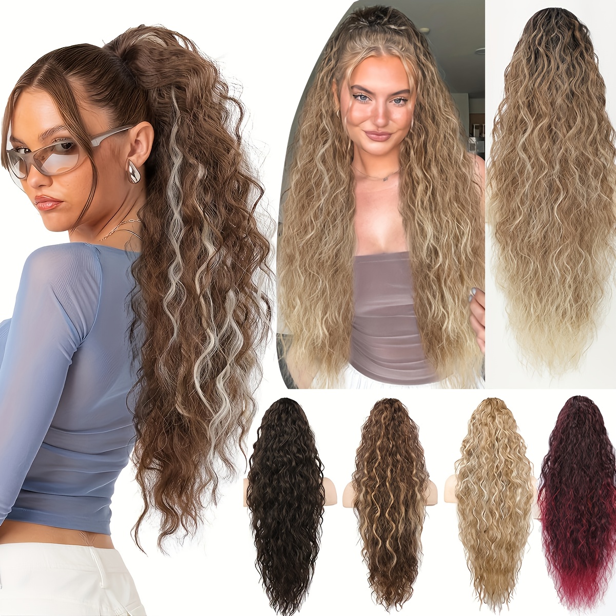 28 inch lightweight curly wave clip in hair extension multi layered synthetic hair for   ponytails chocolate brown unisex all   ponytail hair extensions versatile hairpiece multilayered texture easy application hairpiece details 5