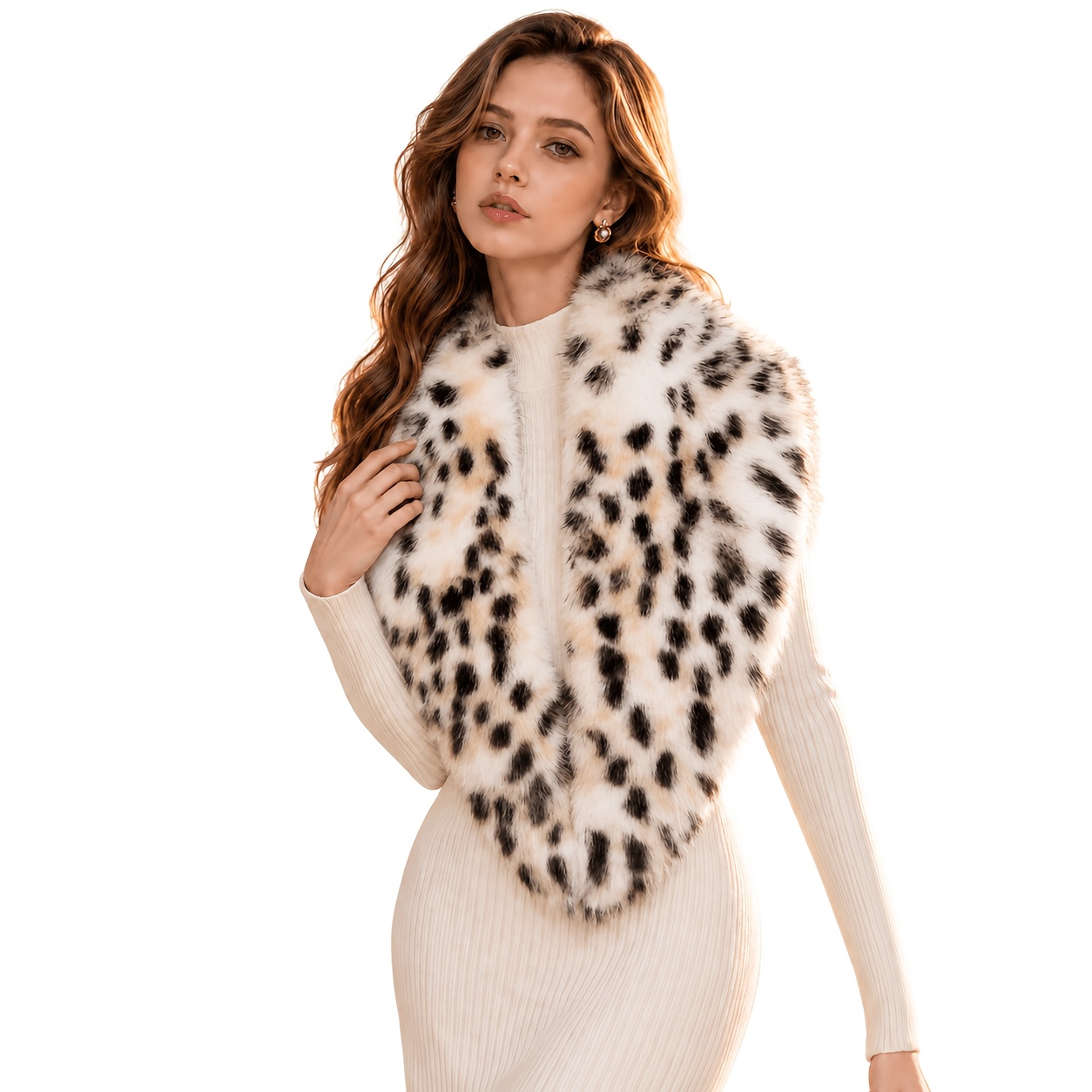 TEMU Luxury Leopard Print Faux Scarf For Women, Fluffy Warm Winter Shoulder Wrap, Elegant Fashion Collar For Parties And Daily Wear