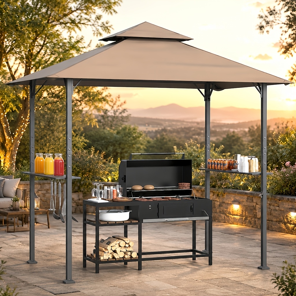 244×152×250cm Bbq Gazebo, Double-layer, Uv-resistant, With Shelves And Drainage Hooks, Barbecue Grilling , Party Garden Tent