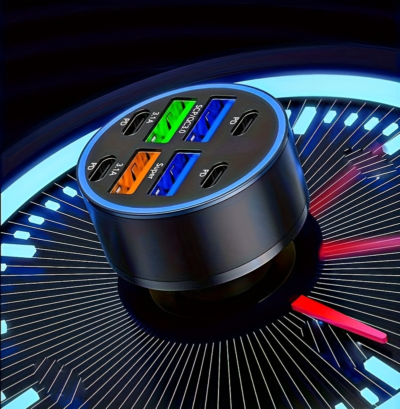 8-In-1 Car Phone Charger Featuring QC3.0 Fast Charging, PD+USB Dual Output, LED Indicator Lights, Compact And Portable Design, Perfect for Both for home And Car Use, Vehicle Charging Hub | Contemporary Charging Station | Space-Saving Charger