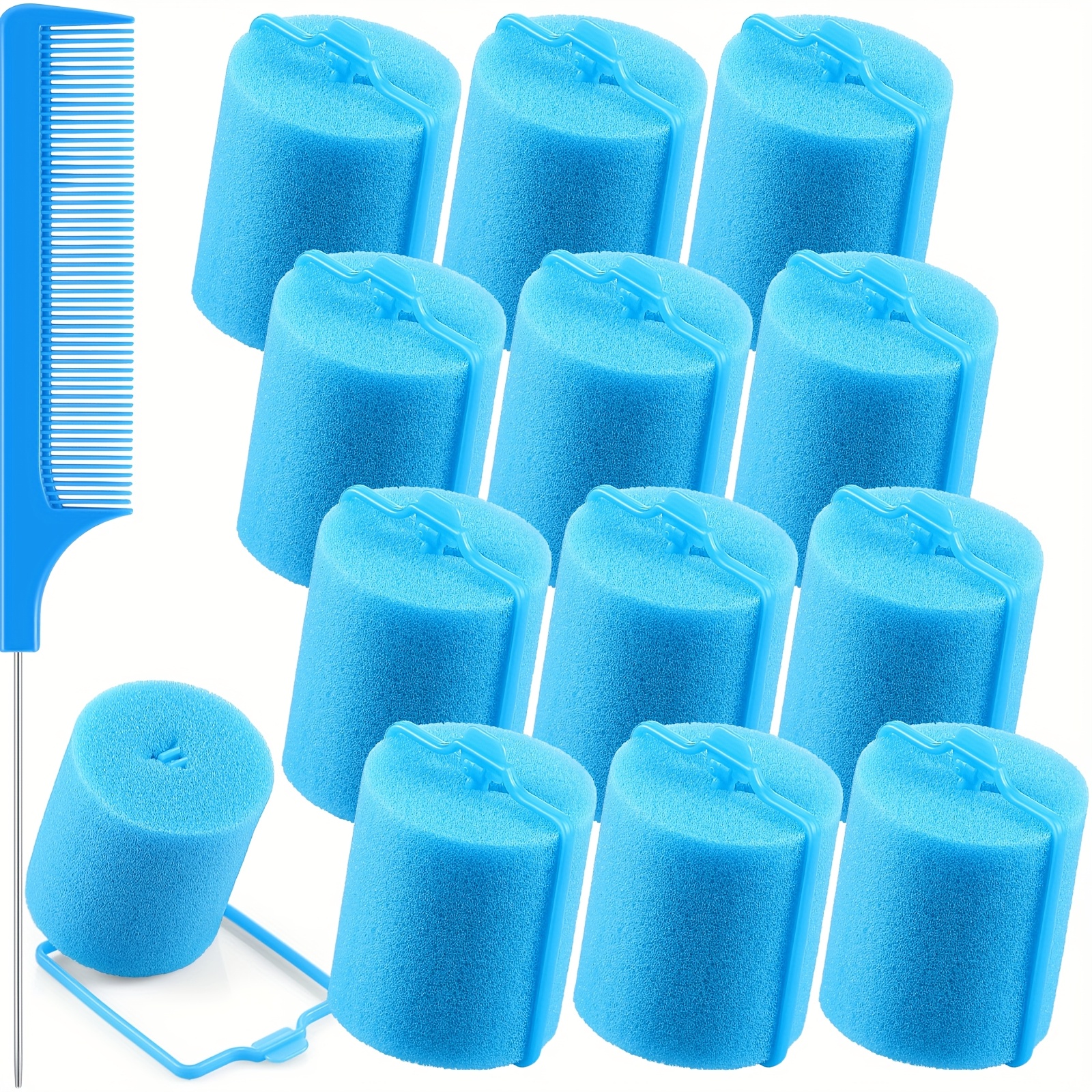 TEMU 12pcs Jumbo Foam Sponge Hair Rollers 1.89 Inch Soft Sleeping Curlers Flexible Large Foam Rollers And Rat Tail Comb For Hair Styling (blue)