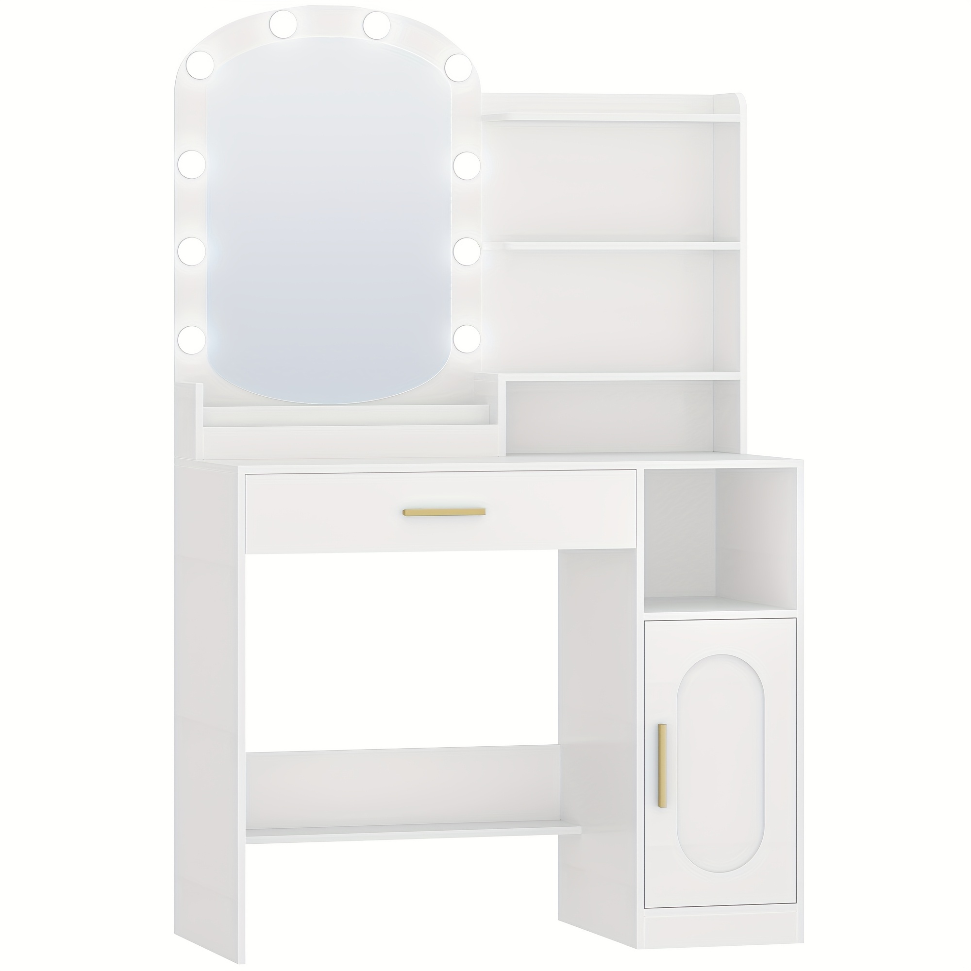 Jewelry Cabinet, Dressing Table With Oval Mirror, Dressing Table With Led Lights, Adjustable Brightness, Vanity Desk With Drawer, Cabinet And Open Compartments, Modern Bedroom Dresser