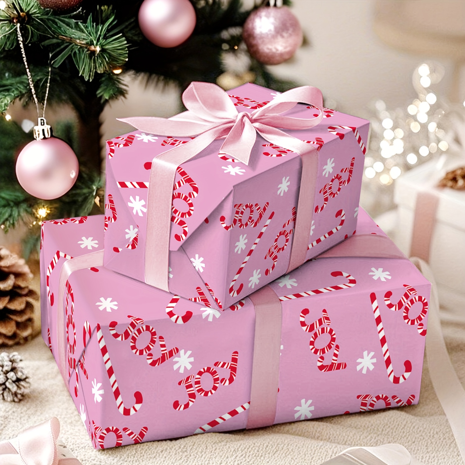 TEMU 1 Rolle Weihnachten Rosa Süßes Geschenkpapier | Rote & Weiße Zuckerstangen & JOY Schneeflockenmuster, Geeignet für Geschenkverpackung,