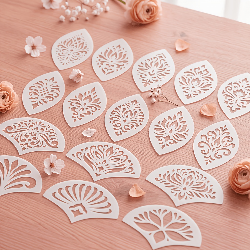 TEMU 16pcs Reusable Plastic Stencils Suitable For Diy Crafts - Floral Damask Paisley Mandala Templates With Teardrop & Fan Shapes, Vintage Ornate
