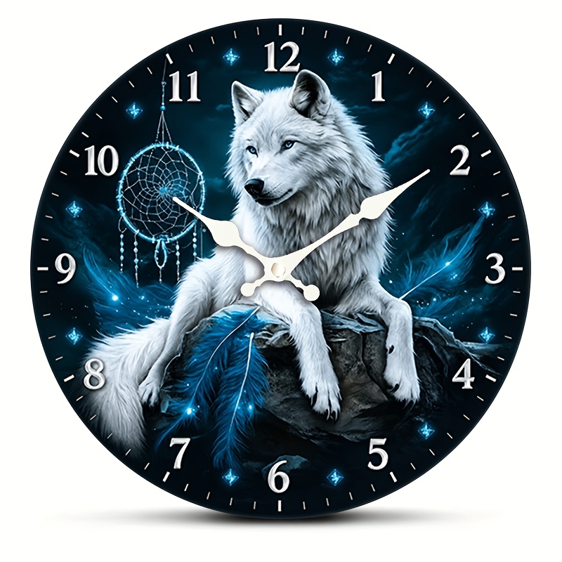 TEMU A Round Wall Clock Featuring A Mysterious And Spirit Wolf . This Creative Clock Showcases A White Night Wolf And Dreamcatcher Motif, With A