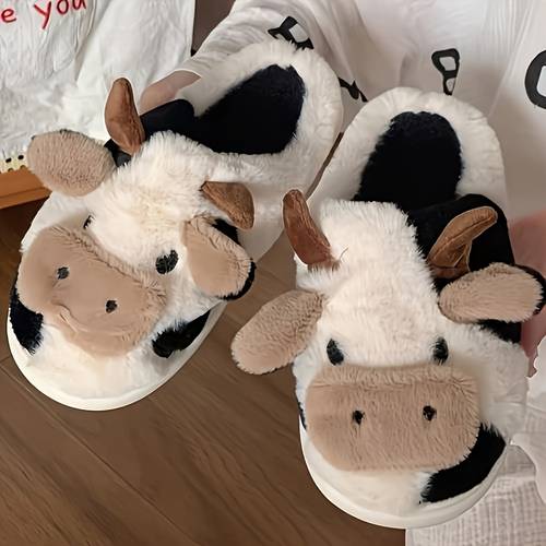 kadın peluş i̇nek desenli terlik - yumuşak ev terlikleri, i̇nek kulağı ve tasarımı, sıcak ve rahat kışlık, kaymaz kauçuk tabanlı