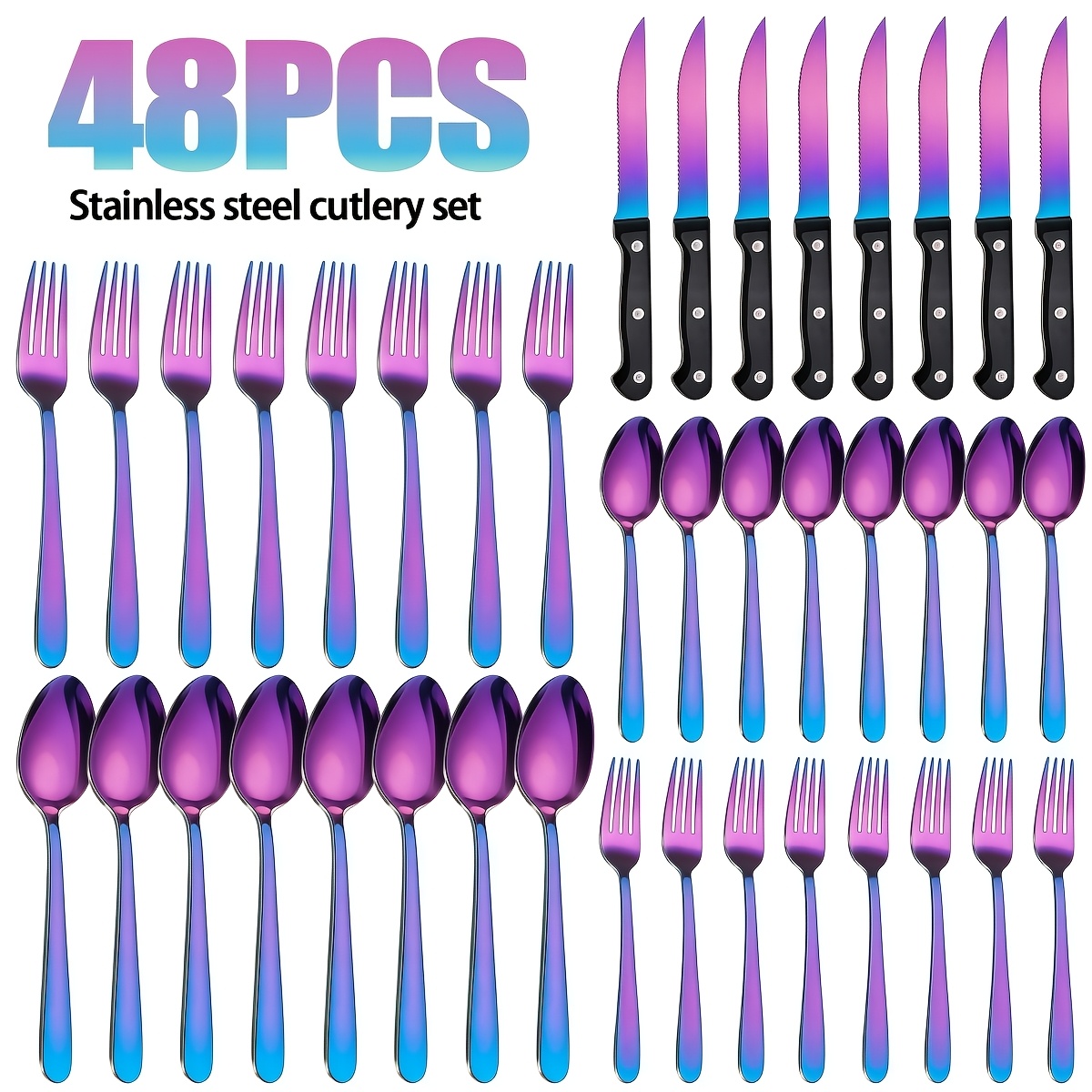 TEMU 48pcs Rainbow Titanium Plated Stainless Steel Cutlery Set - Serves 8, Comes With Knives, Forks & Spoons, Serrated Steak Knives, Dishwasher Safe